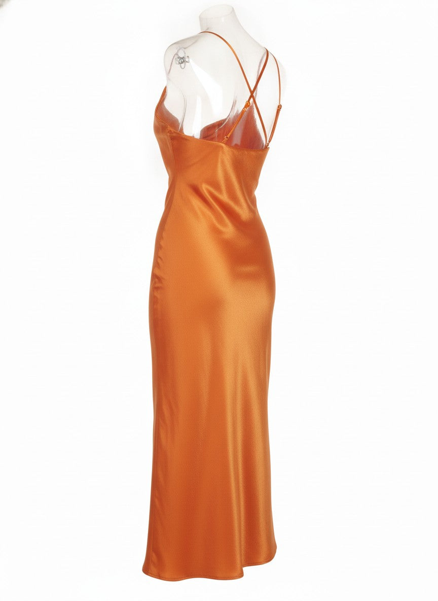 Orange Satin Cowl Neck Slip Dress