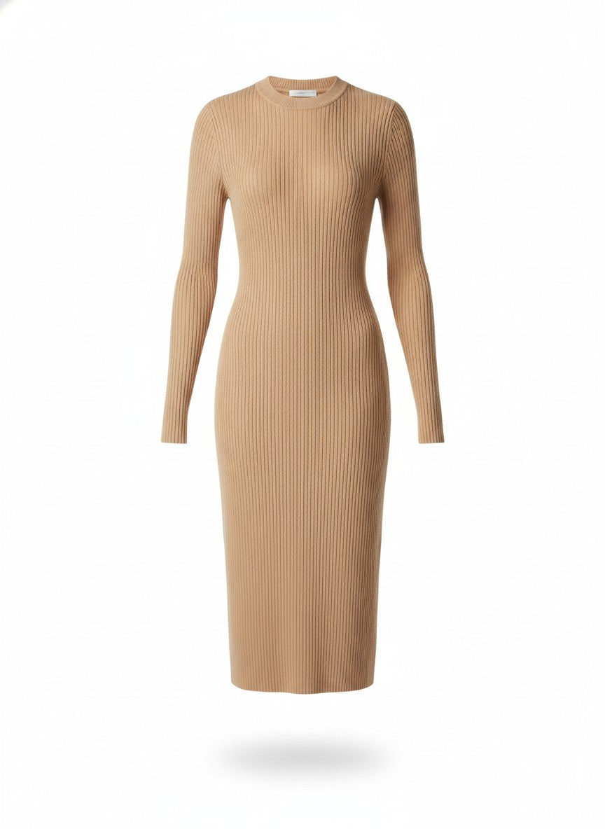 Beige Ribbed Knit Bodycon Dress