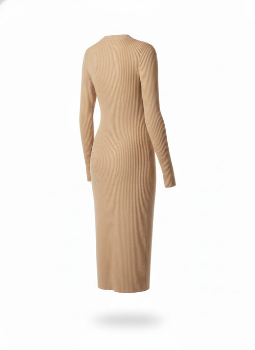 Beige Ribbed Knit Bodycon Dress