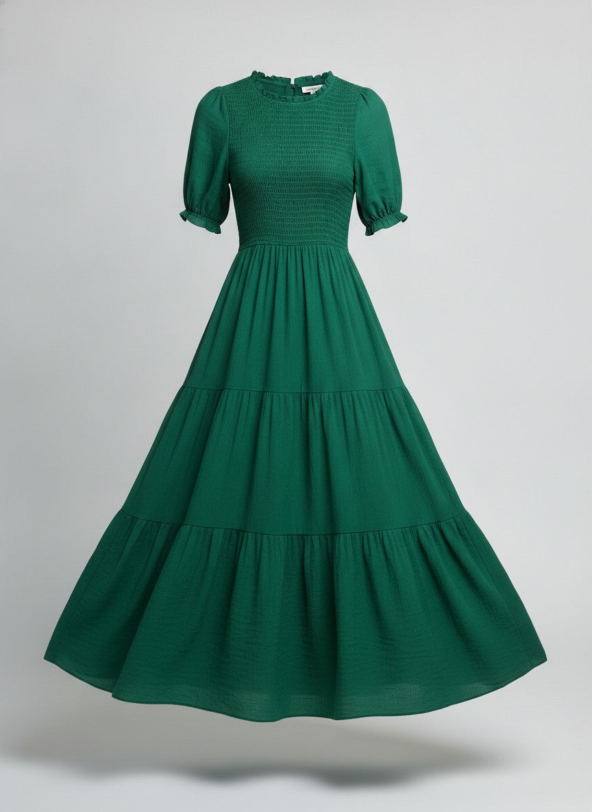 Green Tiered Smocked Midi Dress