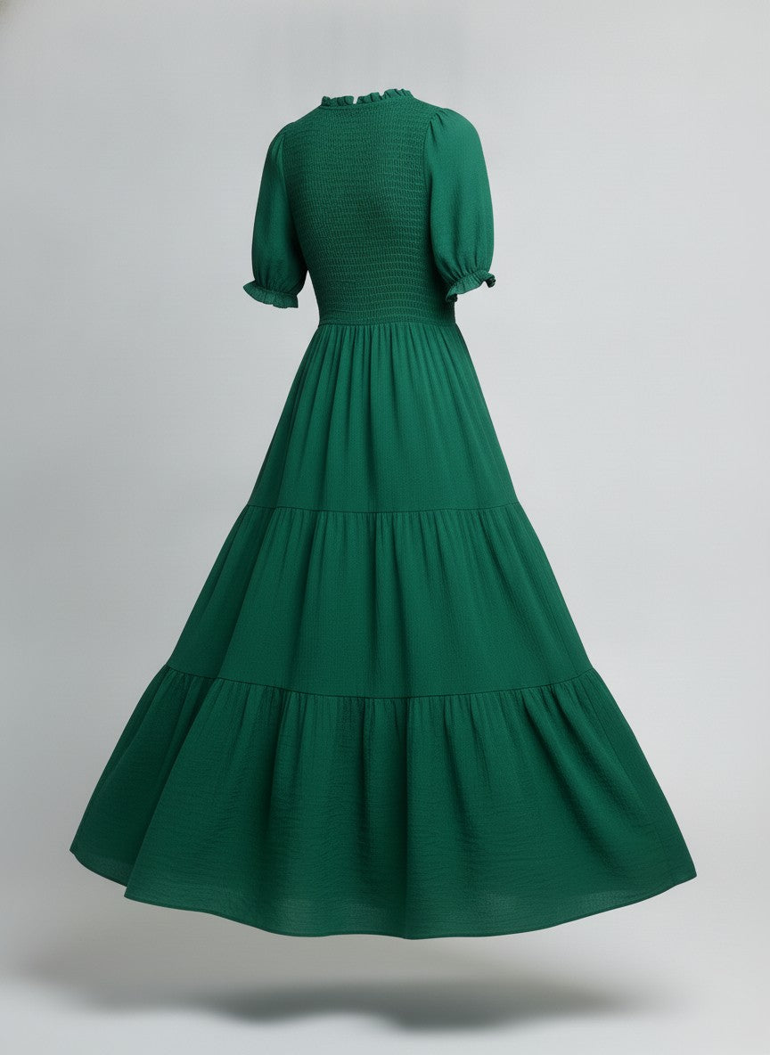 Green Tiered Smocked Midi Dress