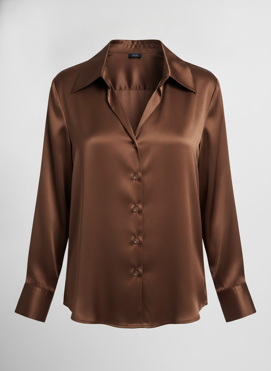 Brown Satin Notched Collar Shirts