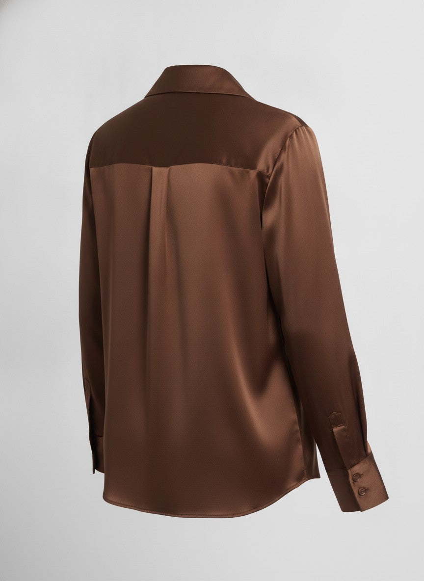 Brown Satin Notched Collar Shirts