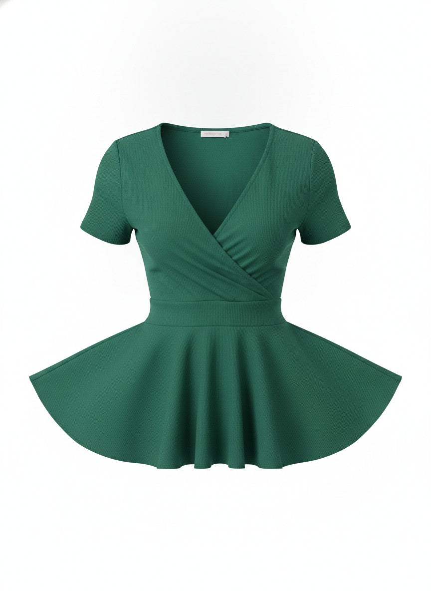 Green Peplum Wrap Front Top
